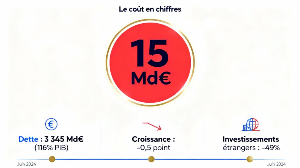 Infographie du coût de l'instabilité politique en France : 15 milliards d'euros perdus en 2025, dette à 116% du PIB et baisse de 49% des investissements étrangers