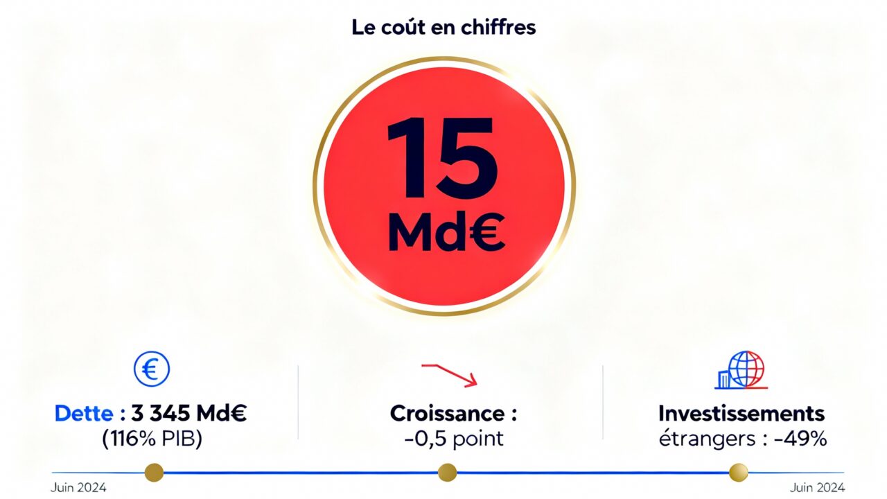 Infographie du coût de l'instabilité politique en France : 15 milliards d'euros perdus en 2025, dette à 116% du PIB et baisse de 49% des investissements étrangers