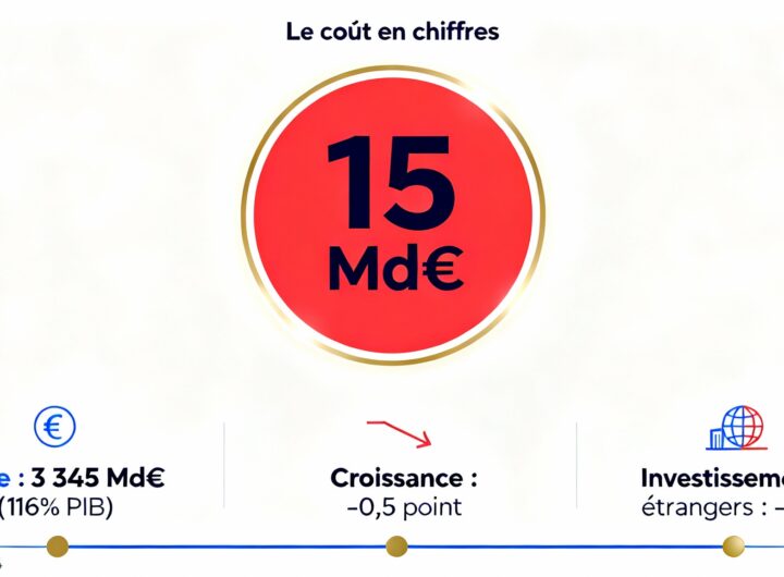 Infographie du coût de l'instabilité politique en France : 15 milliards d'euros perdus en 2025, dette à 116% du PIB et baisse de 49% des investissements étrangers